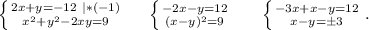 \left \{ {{2x+y=-12\ |*(-1)} \atop {x^2+y^2-2xy=9}} \right.\ \ \ \ \left \{ {{-2x-y=12} \atop {(x-y)^2=9}} \right. \ \ \ \ \ \left \{ {{-3x+x-y=12} \atop {x-y=б3}} \right. .