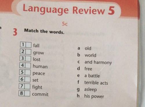 5c in 3 Match the words. 1 fall 2 3 4 5 grow lost human peace set fight commit a old b world and har