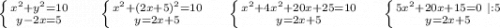 \left \{ {{x^2+y^2=10} \atop {y-2x=5}} \right. \ \ \ \ \ \left \{ {{x^2+(2x+5)^2=10} \atop {y=2x+5}} \right.\ \ \ \ \left \{ {{x^2+4x^2+20x+25=10} \atop {y=2x+5}} \right. \ \ \ \ \left \{ {{5x^2+20x+15=0\ |:5} \atop {y=2x+5}} \right. \\