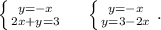 \left \{ {{y=-x} \atop {2x+y=3}} \right.\ \ \ \ \left \{ {{y=-x} \atop {y=3-2x}} \right..\\