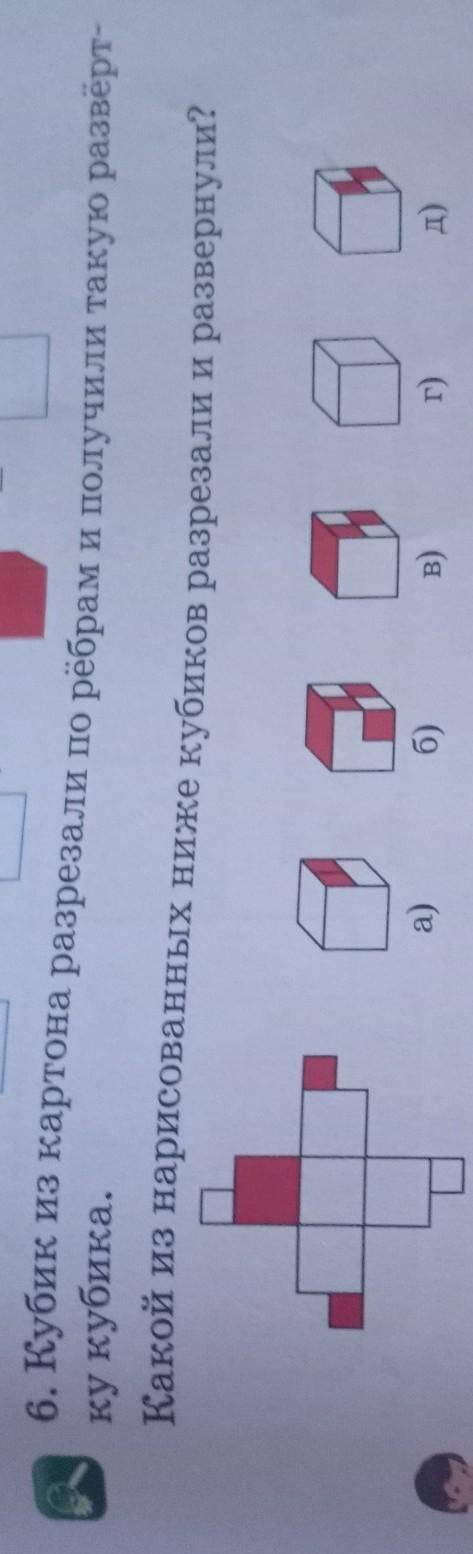 6. Кубик из картона разрезали по рёбрам и получили такую развёрт- ку кубика. Какой из нарисованных н