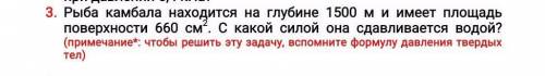 3. Рыба камбала находится на глубине 1500 м и имеет площадь поверхности 660 C * M ^ 2 . С какой сило