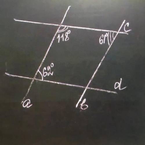 Нужно указать какие прямые параллельны,если известны такие углы,как 62 градуса,118 градусов,61 граду