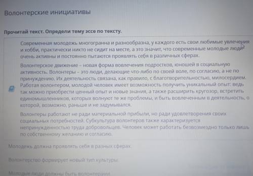 Волонтерские инициативы Прочитай текст. Определи тему эссе по тексту. 1.Молодежь должна проявлять се