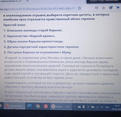 2. Составьте простой цитатный план-характеристику образа барыни (на основе простого плана)