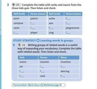 7 класс N 25 Complete the table with verbs and nouns from the Clever kids quiz. Then listen and chec