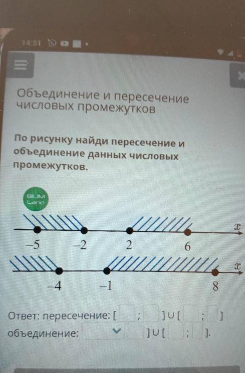 По рисунку найди пересечение и объединение данных числовых промежутков. BLIN Lend -5 -2 2 6 ка 4 --1