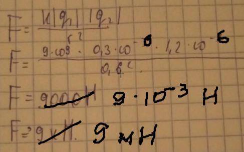 С какой силой оталкиваются два точечных положительных заряда в +0,3 мкКл и +1,2 мкКл на расстоянии 6