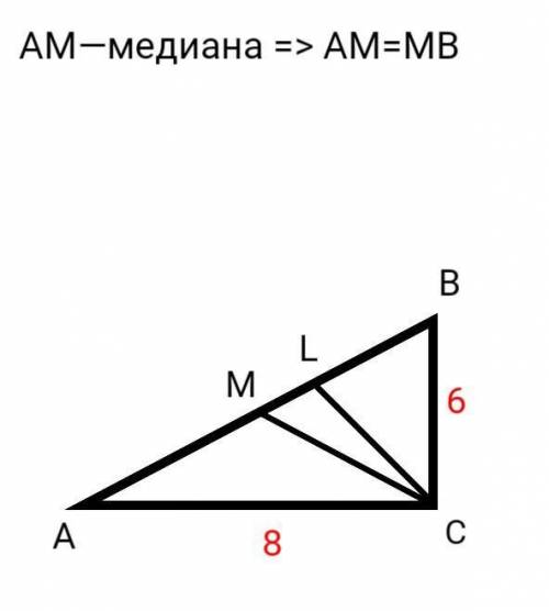 Из вершины прямого угла C треугольника ABC проведены медиана CM и биссектриса CL. Найдите длину отре