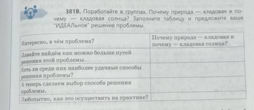 381B. Поработайте в группах. Почему природа Кладовая и по- чему кладовая солнца? Заполните таблицу и