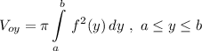 \displaystyle V_{oy}=\pi \int\limits_{a}^{b}\, f^2(y)\, dy\ ,\ a\leq y\leq b