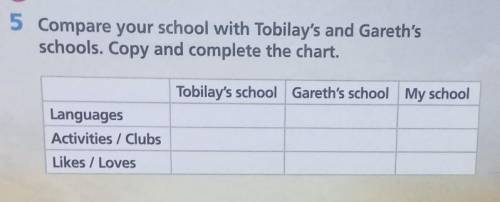 5 Compare your school with Tobilay's and Gareth's schools. Copy and complete the chart. Tobilay's sc