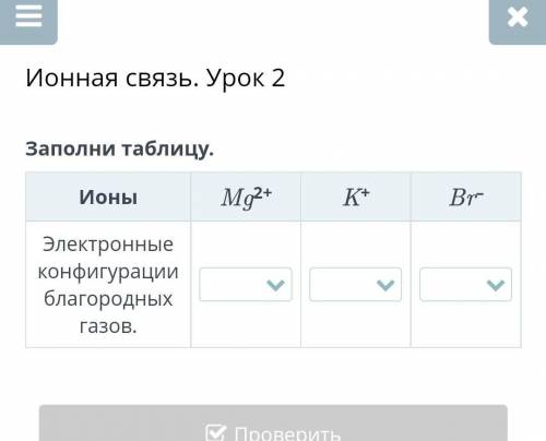 Заполни таблицу. Ионы Mg2+ K+ Br– Электронные конфигурации благородных газов.