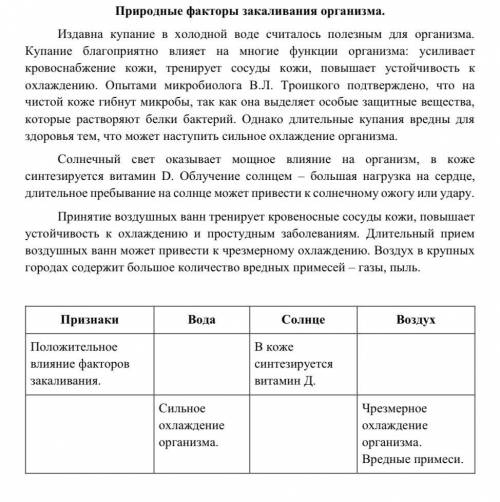 Прочитайте текст Природные факторы закаливания организма А) Заполните недостающие графы таблицы. Б