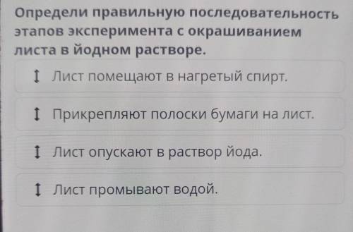 Определи правильную последовательность этапов эксперимента с окрашиванием листа в йодном растворе. І