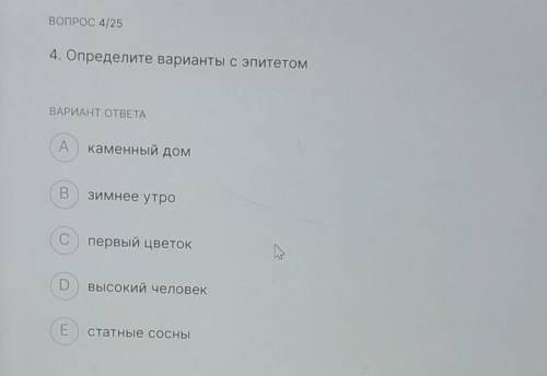 4. Определите варианты с эпитетом ВАРИАНТ ОТВЕТАAкаменный домBзимнее утроС первый цветок7Dвысокий че