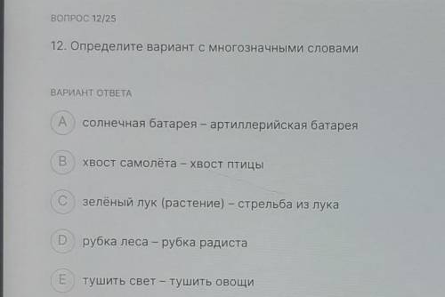 ВОПРОС 12/25 12. Определите вариант с многозначными словамиВАРИАНТ ОТВЕТАAсолнечная батарея - артилл