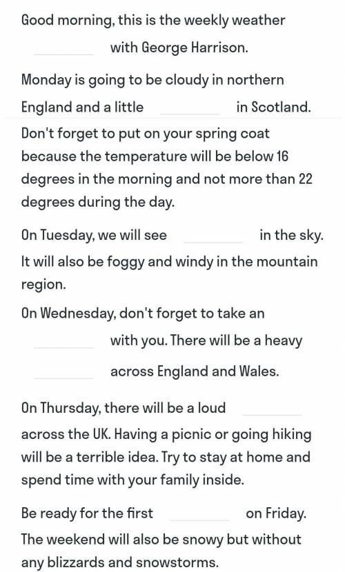 Нужна , подставить слова и еще тут Monday - 22°C Tuesday - 18°CWednesday - 16°CThursday - 18°CFriday