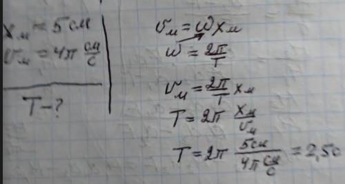 Амплітуда гармонічних коливань точки дорівнює 5 см, її максимальна швидкість - 4п см/с. Визначте пер
