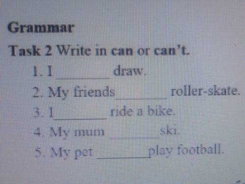 draw Grammar Task 2 Write in can or can't. 1.1 2. My friends roller-skale ride a bike 4. My mum sku 