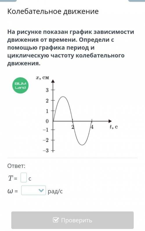 На рисунке показан график зависимости движения от времени. Определи с графика период и циклическую ч