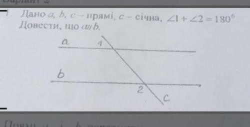 1. Дано: а, b, c - прямі, c. січна, Кут 1 + Кут 2 = 180 Довести, що a параллельна b