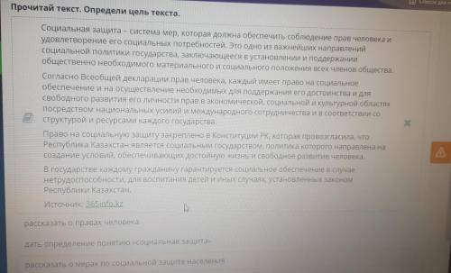 Прочитай текст. Определи цель текста. Социальная защита – система мер, которая должна обеспечить соб