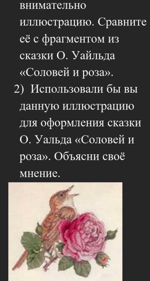 1) Рассмотрите внимательно иллюстрацию. Сравните её с фрагментом из сказки О. Уайльда «Соловей и роз