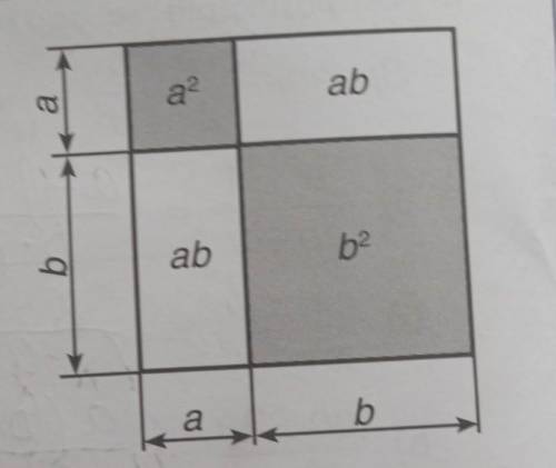 Поміркуй,як за до рисунка праворуч обгрунтувати справедливость формули квадрата суми: (a+b)²=a²+2ab+