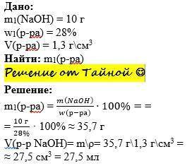 1) при растворении 10г гидроксида натрия в воде получили 28% раствор. Вычислить обьем полученного ра