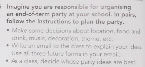 Задание на фото. В парах мы обсуждать не будем поэтому нужен план вечеринки и письмо одноклассникам 