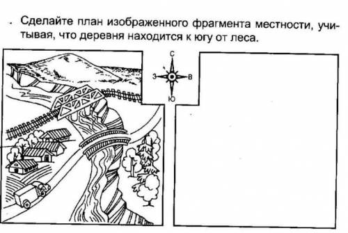 Сделайте план изображенного фрагмента местности, уче- тывая, что деревня находится к югу от леса