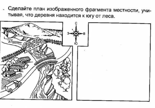 Сделайте план изображенного фоамена местности, учие тывая, что деревня находится к оу от юг нарисуйт