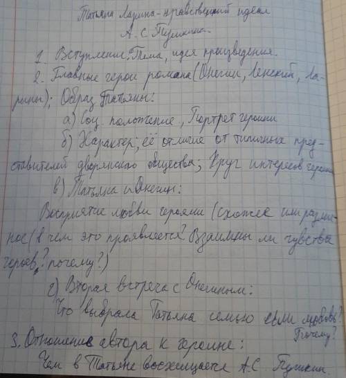 Напишите сочинение на тему Татьяна Ларина - нравственный идеал А.С. Пушкина по плану , надеюсь на 