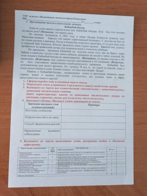 .1. Прочитайте текст и выполните задания. Кабанбай-батыр Одна из улиц нашего города носит имя Кабанб