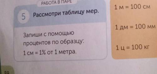 РАБОТА В ПАРЕ 5 Рассмотри таблицу мер. Запиши с процентов по образцу. 1 см = 1 от 1 метра. 