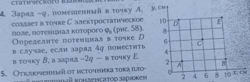 D! E 4. Заряд -q, помещенный в точку А, у, см создает в точке С электростатическое 10 поле, потенциа