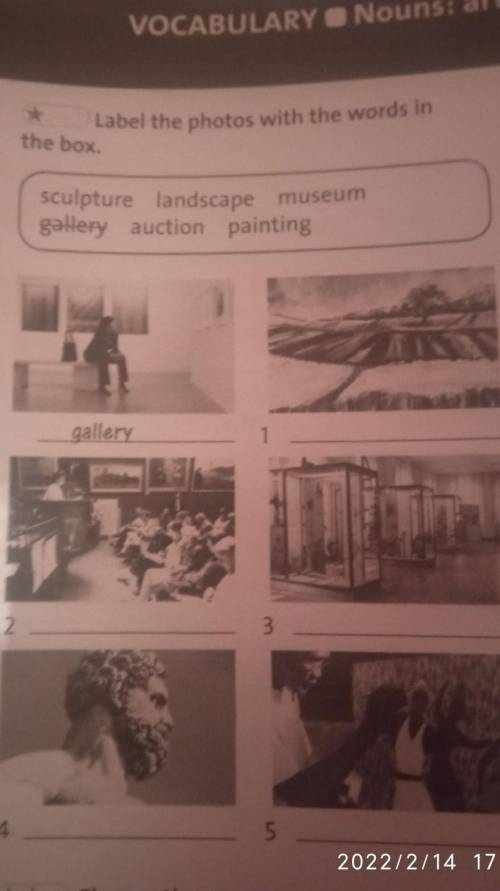 Label the photos with the words in the box. sculpture landscape museum gallery auction painting gall