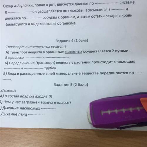 Задание 4 ( ) Транспорт питательных веществ А) Транспорт веществ в организме животных осуществляется