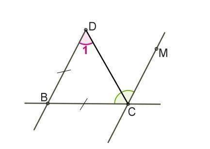 Известно, что в данной ситуации: DB=BC; DB∥MC; ∡BCM = 145°. Рассчитай величину ∡1. ∡1 =