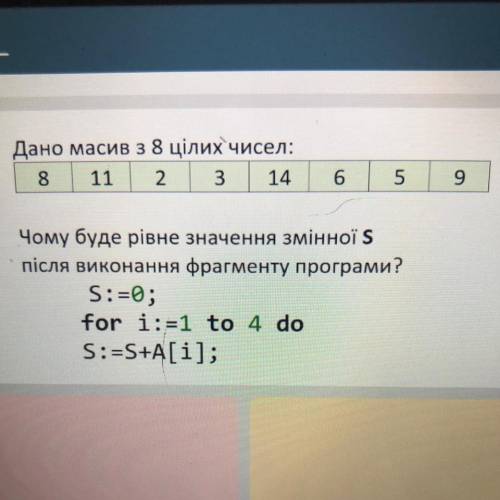 Дано масив з 8 цілих чисел: 8 11 2. 3 14 6 5 9 Чому буде рівне значення змінної Ѕ  після виконання 