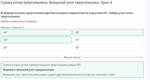 Сумма углов треугольника. Внешний угол треугольника. Урок 4 В прямоугольном треугольнике две биссект