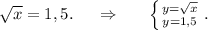 \sqrt{x} =1,5.\ \ \ \ \Rightarrow \ \ \ \ \ \left \{ {{y=\sqrt{x} } \atop {y=1,5}} \right. .