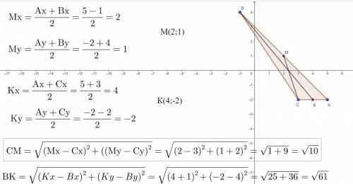 Дан треугольник АВС, точки А(5;-2 ),В(-1;4 ), С(3;-2), точка М- середина АВ, точка К- середина АС, Н