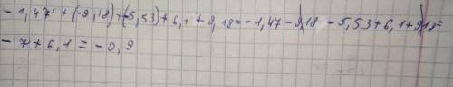 Використовуючи властивості додавання обчисліть: -1,47+(-9,18)+(-5,53)+6,1+9,18