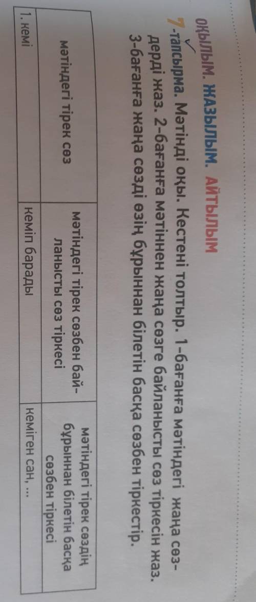 7 тапсырма Мәтінді оқы. Кестені толтыр 1 бағанға мәтіндегі жаңа сөздерді жаз 2 бағанға мәтіннен жаңа