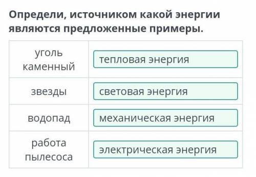 Определи, источником какой энергии являются предложенные примеры уголь каменный звезды водопад работ