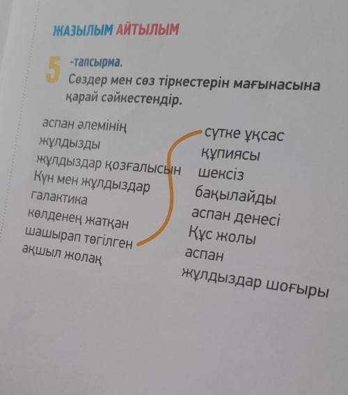 ЖАЗЫЛЫМ АЙТЫЛЫМ 5 -тапсырма. Сөздер мен сөз тіркестерін мағынасына қарай сәйкестендір. аспан әлеміні