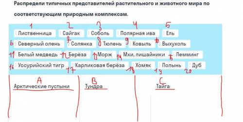 Распредели типичных представителей растительного и животного мира по соответствующим природным компл