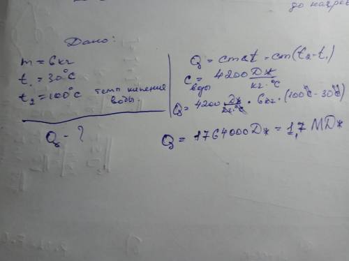 Какое количество теплоты необходимо передать воде массой 6 кг, чтобы ее нагреть от 30 °С до кипения?